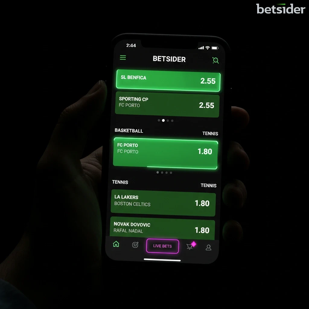 Captura de ecrã da secção de apostas desportivas na app Betsider, mostrando mercados de futebol ao vivo.