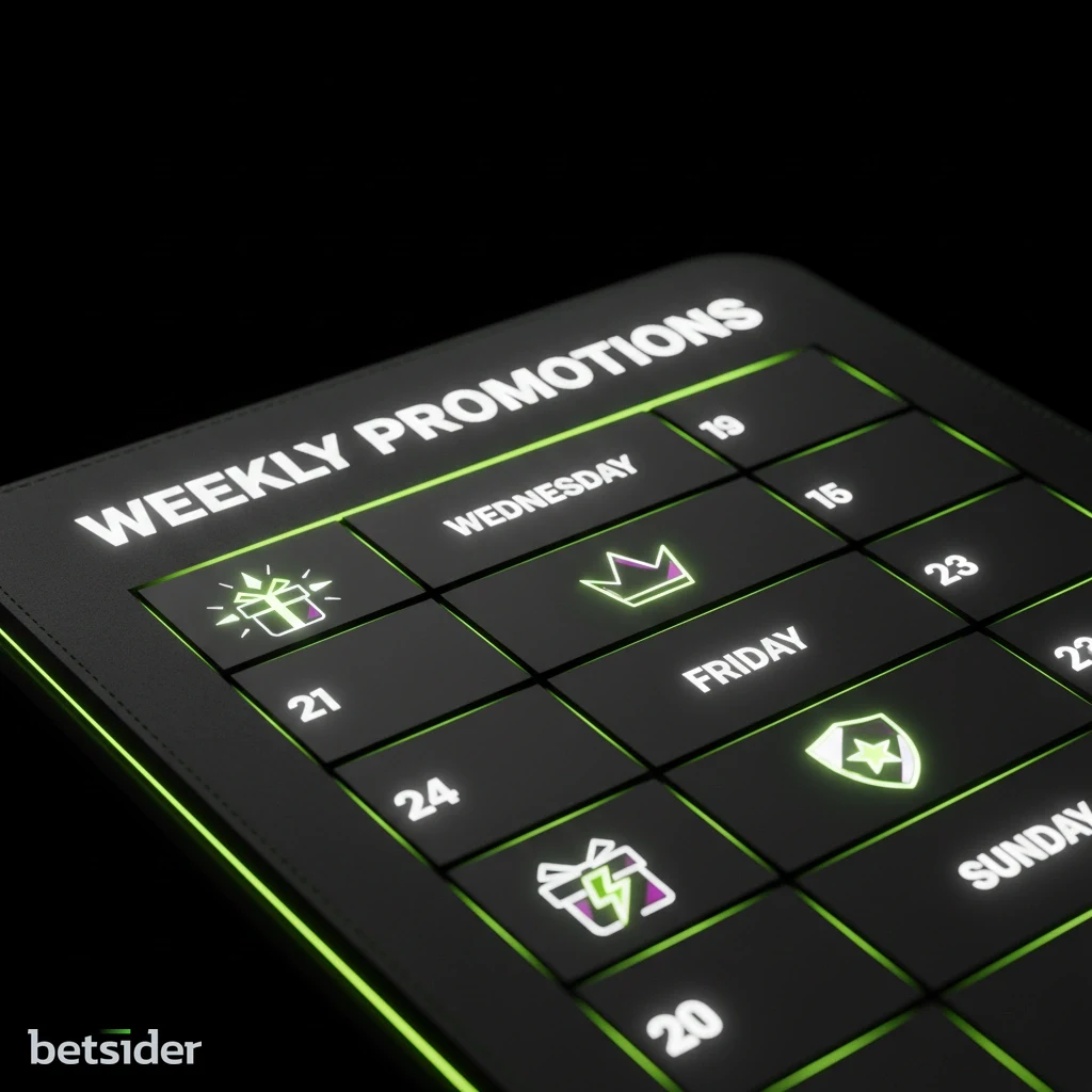 Calendário semanal com símbolos de presente, ilustrando os bónus de recarga contínuos da Betsider.