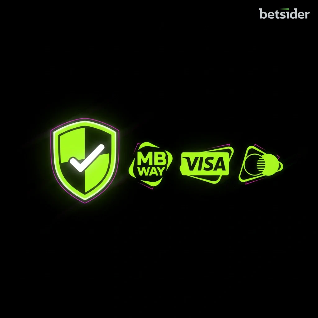 Logótipos de métodos de pagamento seguros no Betsider, incluindo Multibanco e cartões de crédito.