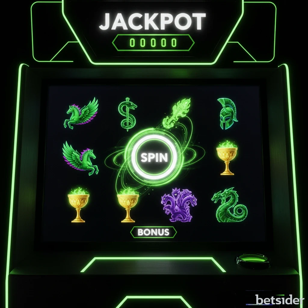 Interface de uma slot machine de casino online com símbolos coloridos e brilhantes