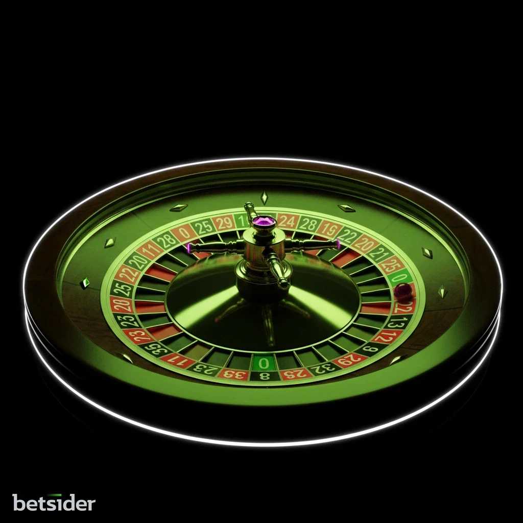 Uma roda de roleta europeia vista de cima, com a bola a repousar no bolso verde do zero único.